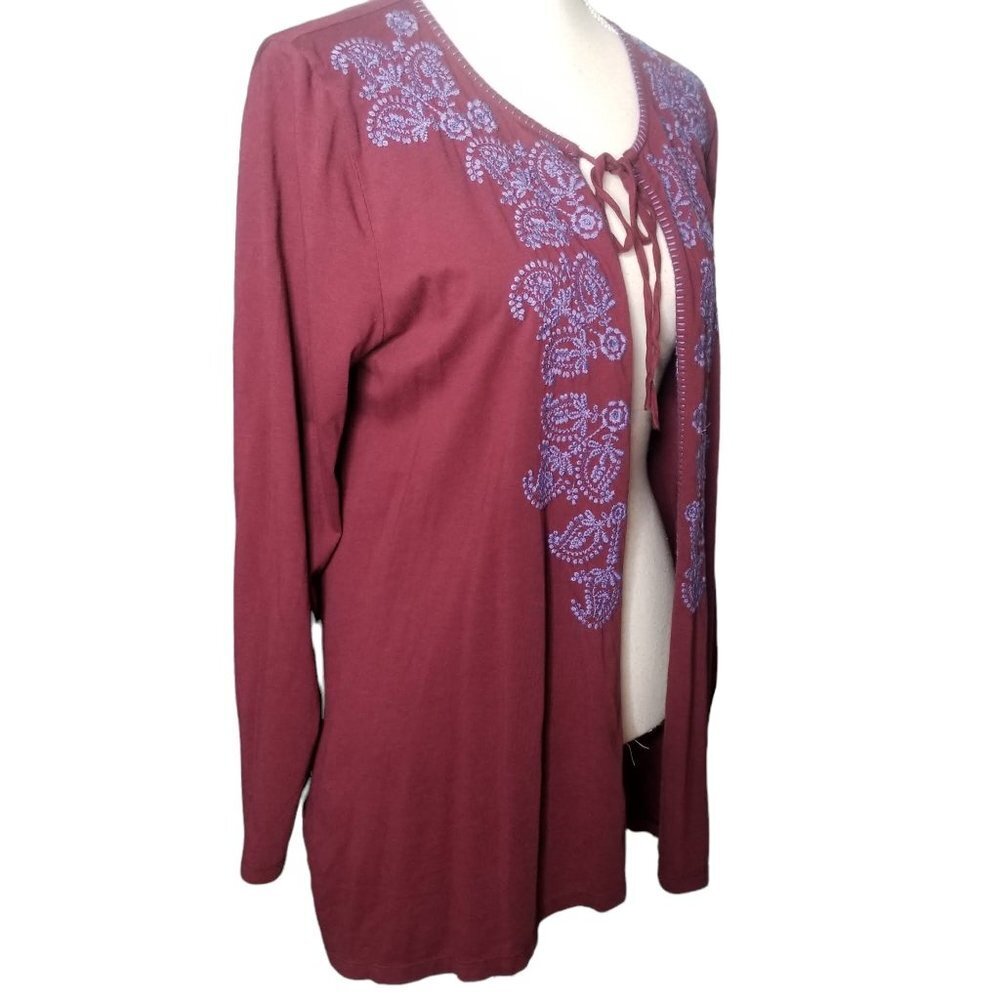 Logo by Lori Goldstein Burgundy Blue Embroidered Open Tie Front Cardigan Medium